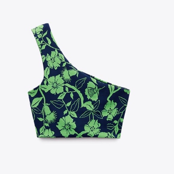 ZARA Jacquard top with asymmetric neckline and strap Blue Green Crop Top Medium - Picture 7 of 16
